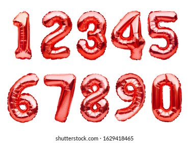 Set with red foil balloons in shape of numbers isolated on white background. Numbers metallic inflatable balloons. Celebration, education, discount and sale or birthday concept