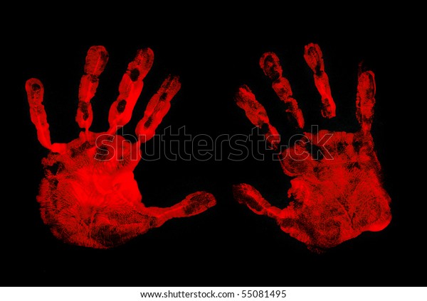 Set Red Hand Prints On Black Stock Photo (Edit Now) 55081495