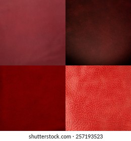 Set of red leather samples, texture background.