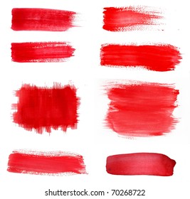 Set Of Red Paint Drawn With Brush Stroke