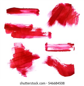 Set Of Red Paint Strokes Isolated On White Background.