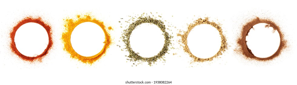 Set Red Paprika Powder, Turmeric, Oregano, Ginger, Cinnamon  In Shape Circle Isolated On White Background And Texture, Top View 