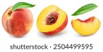 Set of red peach, juicy peach slices isolated on white background. File contains clipping paths.