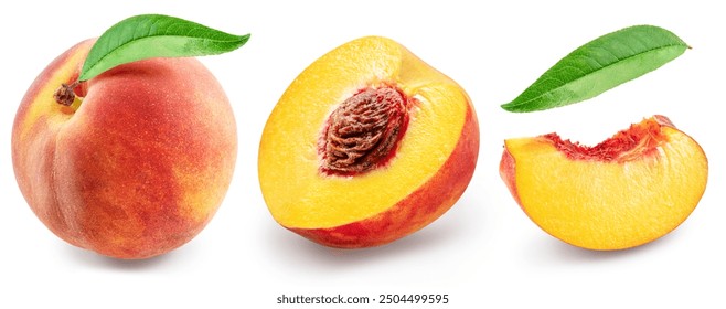 Set of red peach, juicy peach slices isolated on white background. File contains clipping paths.