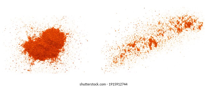 Set of red pepper paprika powder isolated on white background, top view. Heap of red pepper powder on a white background. Cayenne pepper powder, top view. Heap of red powder isolated on white. - Shutterstock ID 1915912744