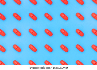 Set Of Red Pills On Blue Background. Red Pill Pattern.