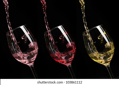 Set Of Red And Pink And White Wine Poured Into Glass