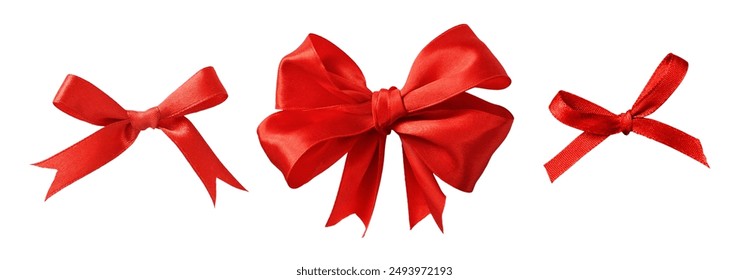 Set of red satin ribbon bows isolated on white background