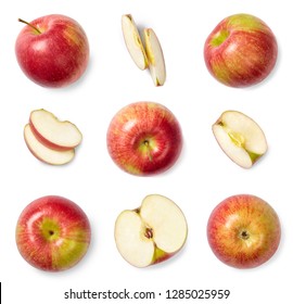 A Set Of Red Sliced And Whole Apples, Cut Out. Top View.