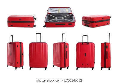Set of red suitcases on white background