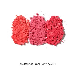 Set red swatches beauty product crushed eyeshadows for makeup white background  close up cosmetic textures  eyeshadow crumbs red pink color gradient  top view eye paints palette  aesthetic pattern