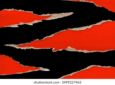 Set of Red Torn Sharp Ripped Paper Hole Edges with Black Cardboard Background. Distressed Texture for Mixed Media Collage. High Quality.