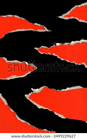 Set of Red Torn Sharp Ripped Paper Hole Edges with Black Cardboard Background. Distressed Texture for Mixed Media Collage. High Quality.