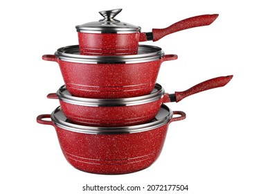 set of red utensils for cooking, stacked one on top of the other, on a white background, isolate