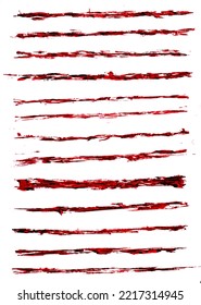 Set Of Red Wax Crayon And Brush Strokes Isolated On White Background, Vector Hand Painting Brush Texture Design Elements