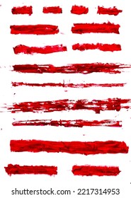 Set Of Red Wax Crayon And Brush Strokes Isolated On White Background, Vector Hand Painting Brush Texture Design Elements