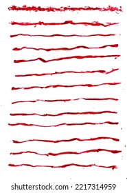 Set Of Red Wax Crayon And Brush Strokes Isolated On White Background, Vector Hand Painting Brush Texture Design Elements