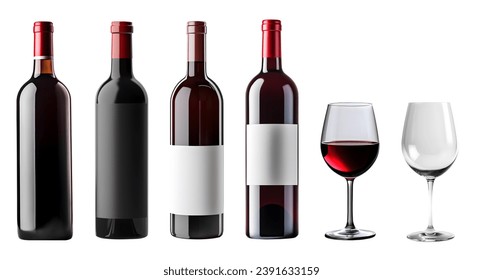 Set of red wine bottle with blank label and wine glass filled and empty on white background cutout file. Mockup template for artwork graphic design