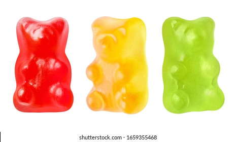 Set of red, yellow and green jelly gummy bears, isolated on white background