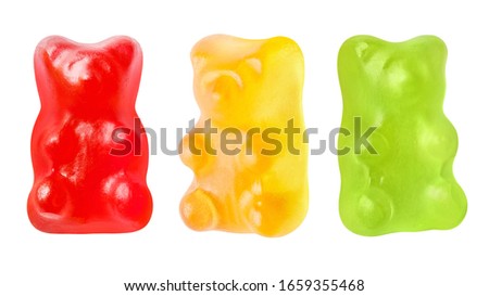Set of red, yellow and green jelly gummy bears, isolated on white background