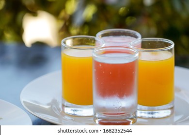 Set Of Refreshing Drink. Orange Juice, Guava Juice, Cold Water 