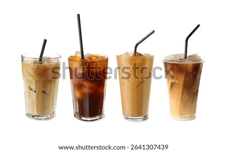 Set of refreshing iced coffee drinks isolated on white