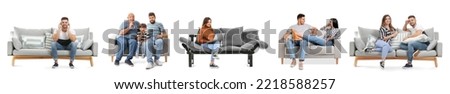 Set of relaxing people on soft sofas against white background