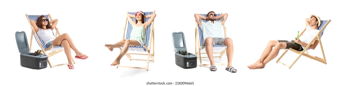 Set of relaxing young people sitting on deck chairs against white background