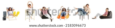 Set of relaxing young woman on white background