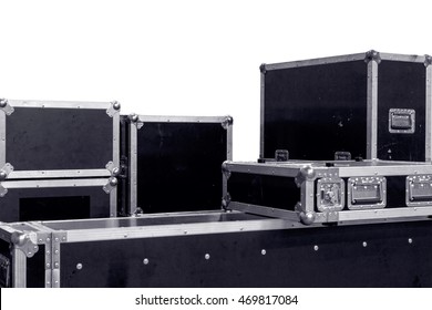 set of rental companies grunge aluminium wooden flight cases. isolated on the white background for equipment