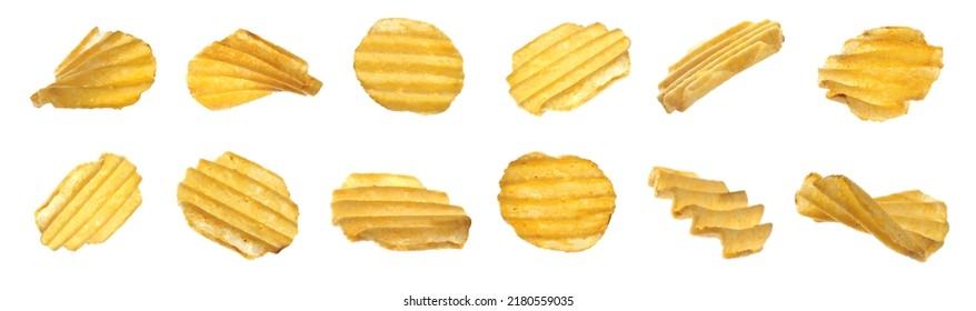 Set of ridged crispy potato chips on white background. Banner design - Shutterstock ID 2180559035