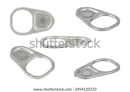 set ring-pull, pull tab from an aluminum tin can isolated from background	