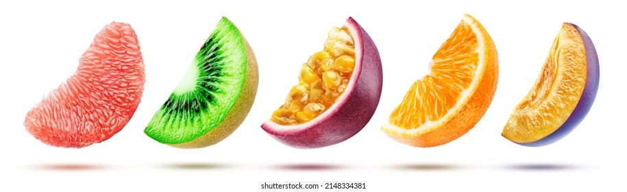 A set of ripe and bright slices of grapefruit, kiwi, passion fruit, orange and plum flying over a white background.