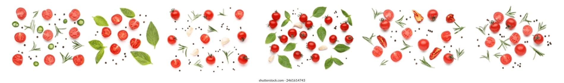 Set of ripe cherry tomatoes and spices on white background - Powered by Shutterstock