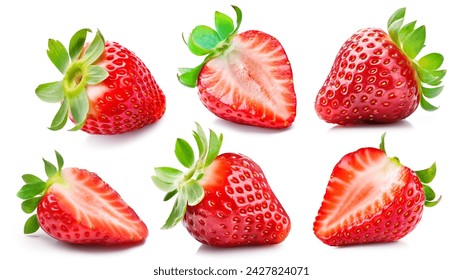 Set of ripe juicy strawberries isolated on a white background. Whole and halved delicious strawberries.