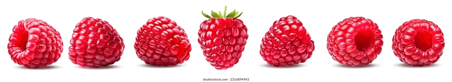 Set of ripe raspberries isolated on white background.