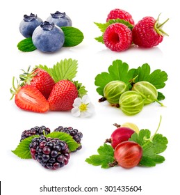 Set of ripe summer (blackberry, blueberry, gooseberry, strawberry, raspberry) berries isolated on white