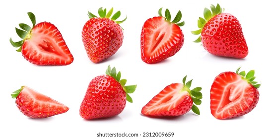 Set of ripe whole and sliced strawberries.