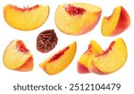 Set of ripe yellow juicy peach slices streaked with red isolated on white background. File contains clipping paths.