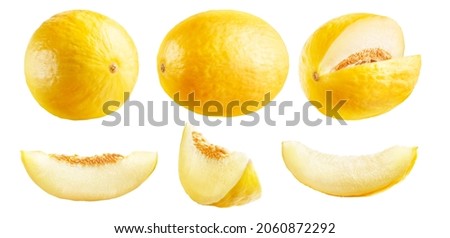 Set of ripe yellow melons whole and cut isolated on a white background.