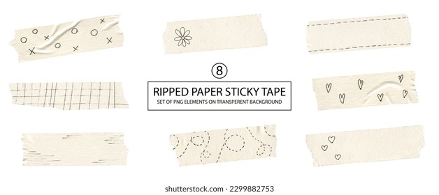 Set of ripped paper sticky tape with hand drawing ornament. Scrapbooking, collage and card making decor