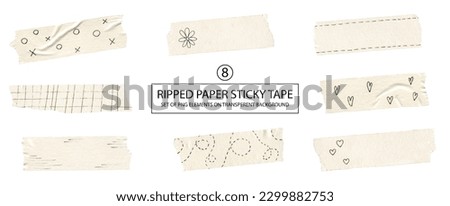 Set of ripped paper sticky tape with hand drawing ornament. Scrapbooking, collage and card making decor