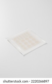 Set Of Round Acne Patches On White Background. Close-up Acne Patch Facial Rejuvenation. Facial Cleansing Cosmetology