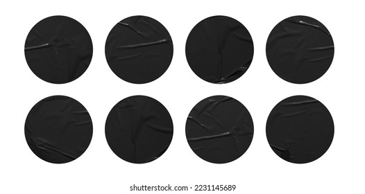 Set of round black paper stickers mock up blank tags labels, isolated on white background with clipping path