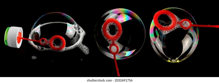 Set Round Bubble Wand, Toy For Children With Colorful Bubble Isolated On Black Background 