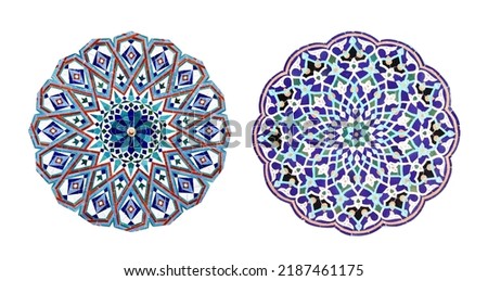 Set of round detail of ancient mosaic walls with floral and geometric ornaments. Collection of ceramic circles with traditional iranian tile decorations. Isolated on white background