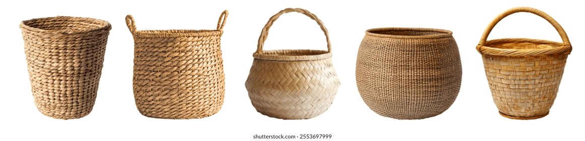 Set of rustic empty bamboo wicker rattan straw weave woven storage basket 
