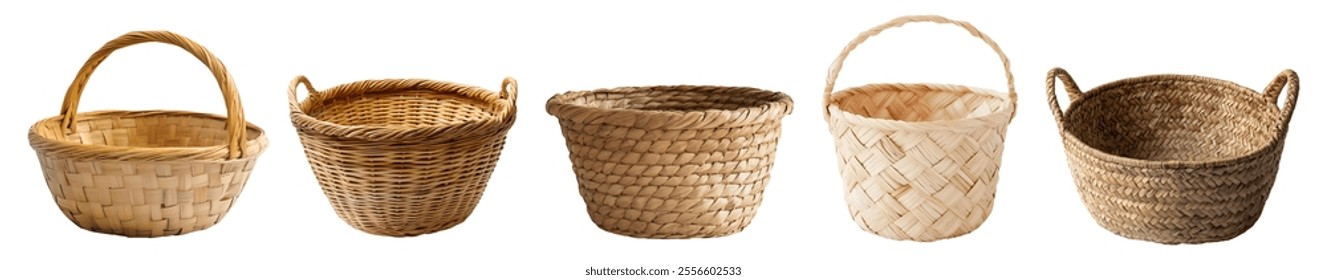 Set of rustic empty bamboo wicker rattan straw weave woven storage basket