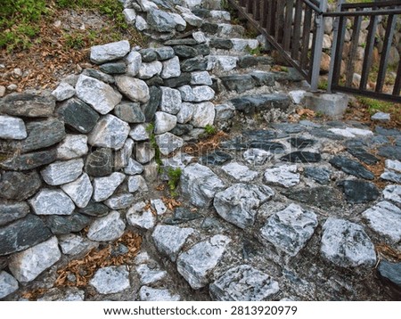 A set of rustic stone steps leads upward along a stacked rock retaining wall in a park landscape. A dark wooden railing borders the pathway, providing a contrasting element to the textured grey and white stones.