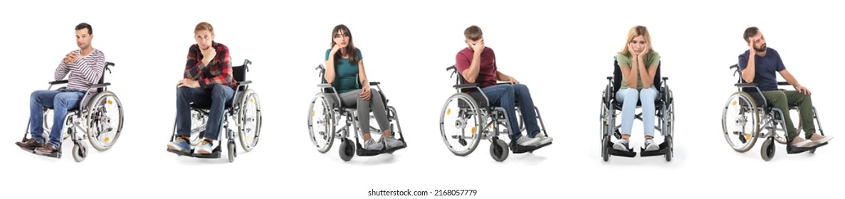 Set of sad people in wheelchair isolated on white - Powered by Shutterstock